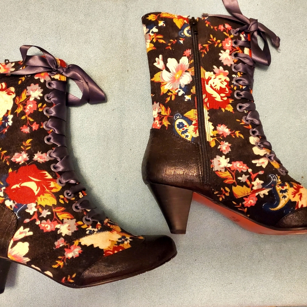 Irregular Choices mid-calf, floral print, black boots with kit heel.